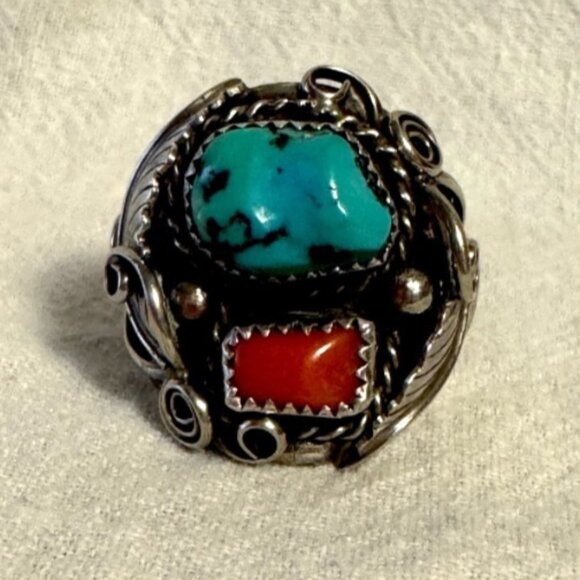 Southwest Sterling Silver Turquoise and Coral Ring 10 3/4 - Picture 1 of 6